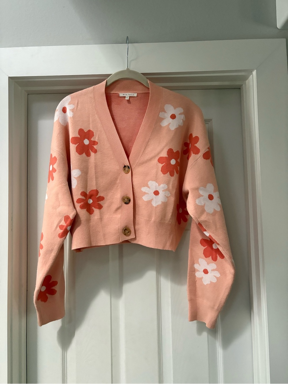 Floral Cropped Peach Cardigan Sweater